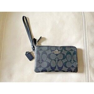 Coach Wristlet  Signature Double Zip Wallet Jacquard Black Gray